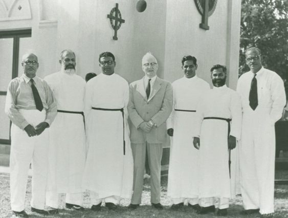 C. John Thomas, Rev. T. N. Koshy, P. C. John, Dr. E. Stanley Jones, Rev. V. E. Thomas, Rev. P. K. Koshy, and Mr. V. E. Chacko at St. Thomas Church, Klang Malaysia (1956)