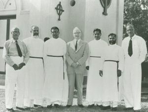 C. John Thomas, Rev. T. N. Koshy, P. C. John, Dr. E. Stanley Jones, Rev. V. E. Thomas, Rev. P. K. Koshy, and Mr. V. E. Chacko at St. Thomas Church, Klang Malaysia (1956)