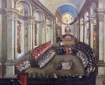 The Council of Trent meeting in Santa Maria Maggiore church, Trento (Trent). (Artist unknown; painted late 17th century.)